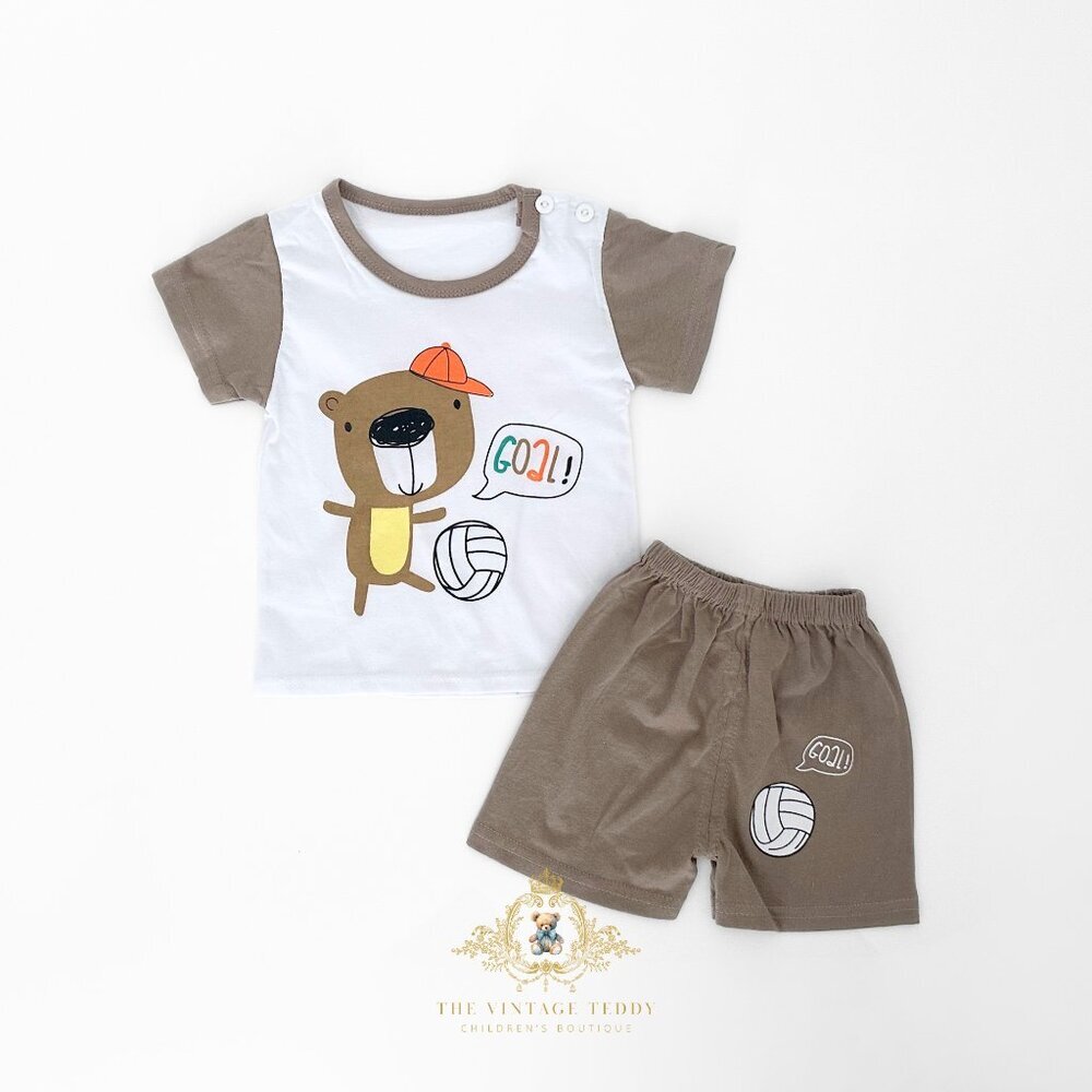 NWT Cute Boys Matching Set Kids T-shirt & Shorts 2Piece Soccer Bear Goal! 18-24M